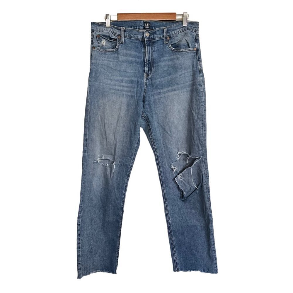 GAP Womens Medium Wash Destroyed Knee Distressed Cheeky Straight Jeans 32 Tall